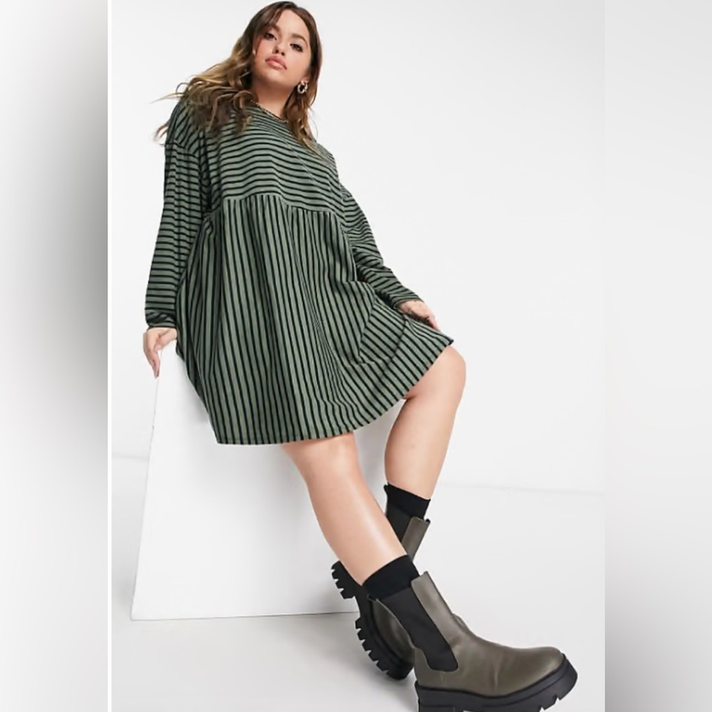 ASOS Curve Green Striped Long Sleeve Dress - Size 26 (Oversized)